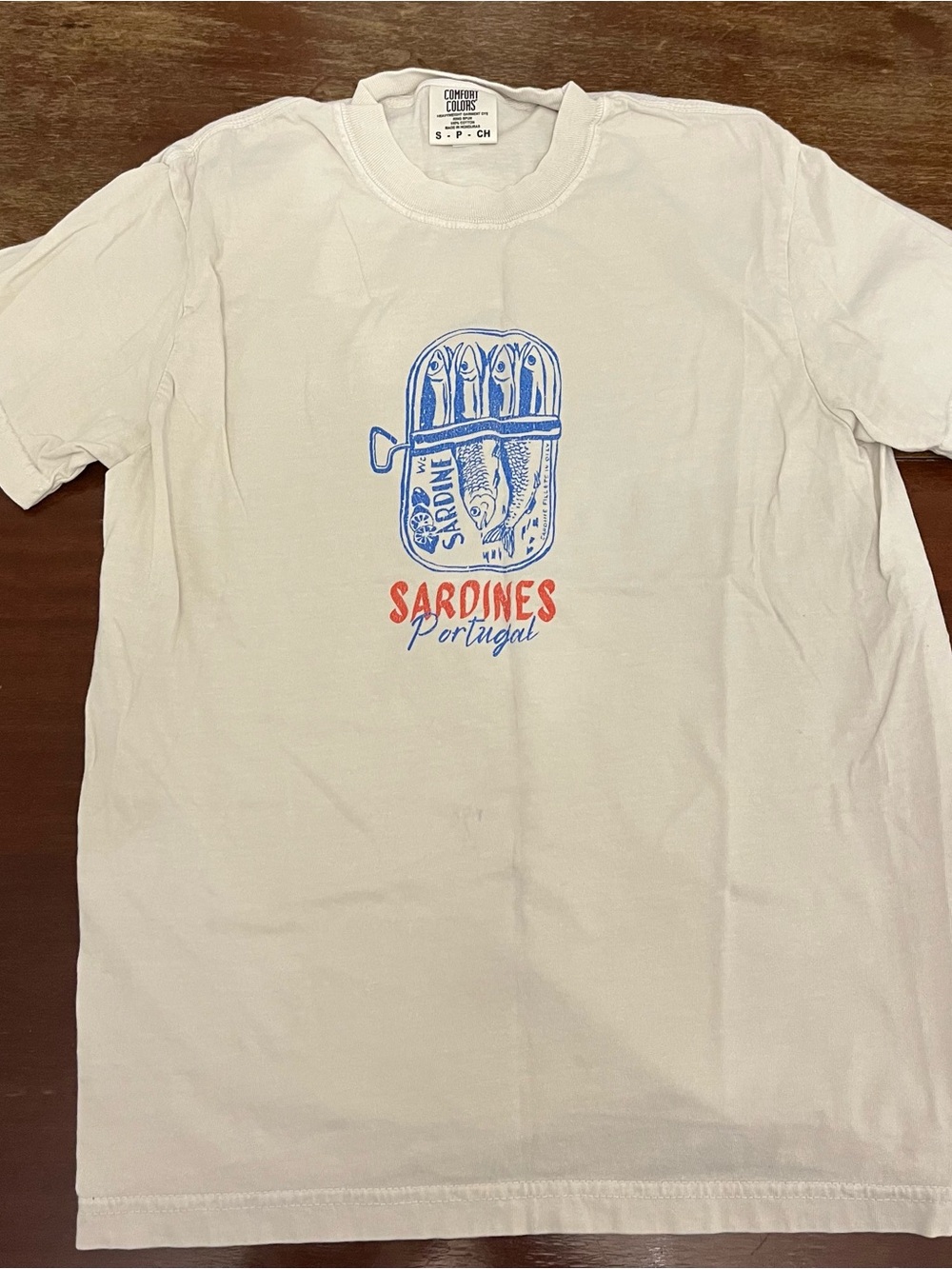 Comfort Colors White Short-Sleeve Tee with Blue and Red Sardine Graphic